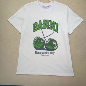 Ganni New white and Green cherry short sleeve shirt